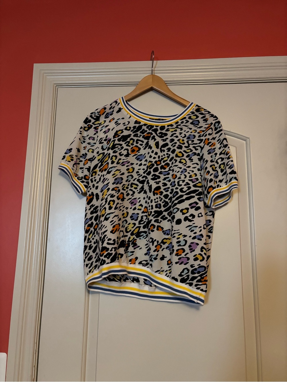 A.z.I Leopard Print Short Sleeve Shirt with Yellow & Blue Trim. Size Small